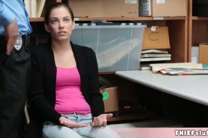 Long legged brunette Bobbi Dylan gets fucked by a mall cop in the back room