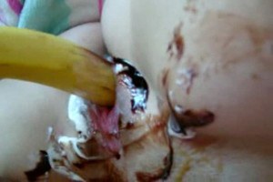 Chocolate filled and banana fucked teen pussy