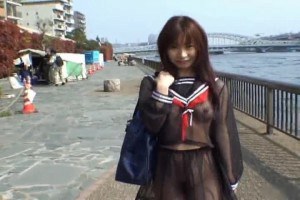 Hot asian model showing off her tits and ass in public