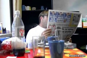 Mature guy fucks ebony teen in the kitchen.