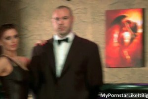 Splendid brunette Honey Demon sucking on a really big cock