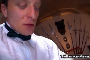 Sexy blonde slut gets her ass fucked while sucking dick