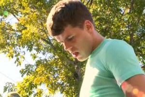 Twink gets his cock suxked in a public parking lot