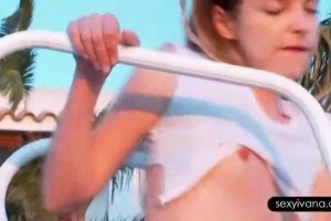 Sexy teen fingering by the pool