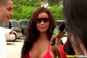 Tempestuous brunette showing off her boobs in public for cash