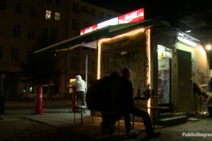 Stunning brunette pumped in public places