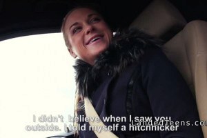 Sexy teen hitchhiker rides the driver's thick cock in public