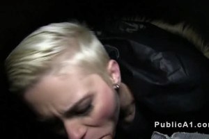 Blonde hairdresser flashes her tits and sucks dick in public