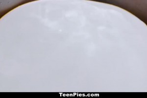 Buxom brunette teen gets her snatch creampied after kitchen sex 