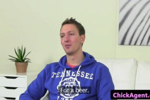 Fair-haired interview agent strips for newbie and gets doggystyled 