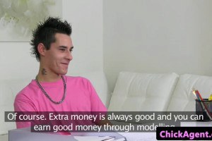 Hot blonde talent scout sucks and jerks off client's pipe during audition 