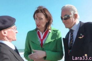 Lara Latex playful Britt mature in schoolgirl uniform spunked by two geezers 