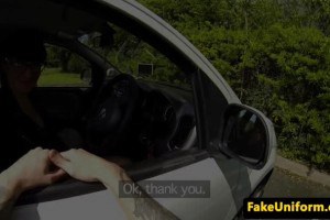 Attractive babe rides officer's dick on the backseat