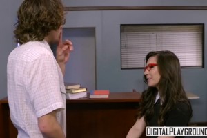 Ariel Grace petite bookworm rides nerd's hard cock in the library