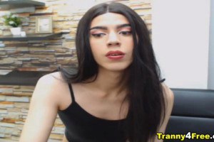 Seductive Brunette Shemale Babe Wanks Hard Erect Cock