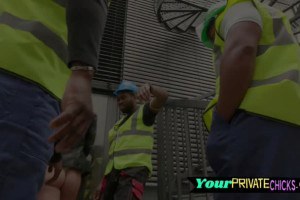 Busty blonde babe gets gang banged by black construction workers