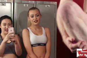 Two hot aerobics girls make guy jerk off in the locker room