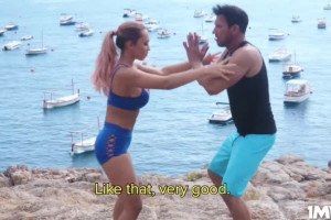 Busty Spanish MILF trainer drilled on a cliff 