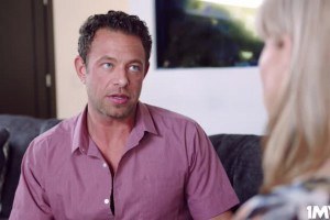 Appetizing blonde MILF with big titties fucks on the couch