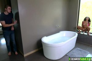 Ebony stepsis drilled from behind after being caught masturbating