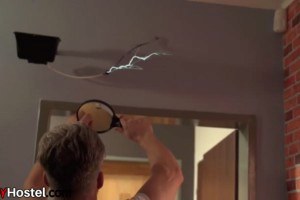 Hostel babes fucking roommate in public threesome room