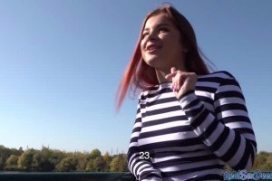 Redhead euro babe with pierced nipples rides cock outside