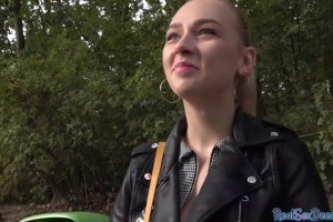 Pulled blonde eurobabe riding POV dick outside