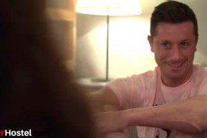 Large breasted blonde shares slung in hostel three way after bj