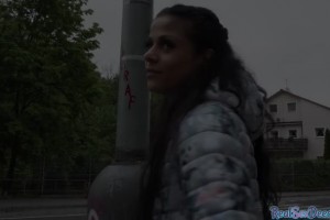 Skinny eurobabe pulled into giving head during public sex