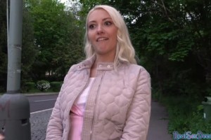 Beautiful blue eyed blonde pulled for a quick blowjob