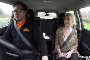 Fair-haired european sexes instructor in car before giving blowjob