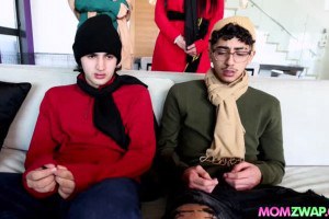 Stepmoms Bunny and Mona swap stepsons to suck and ride their boners