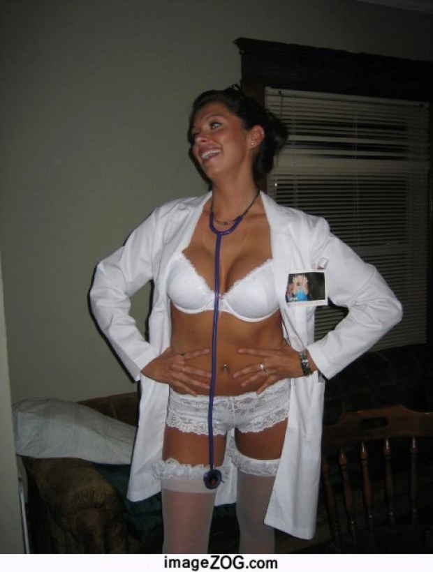 Gorgeous brunette nurse looks smoking hot in white lingerie
