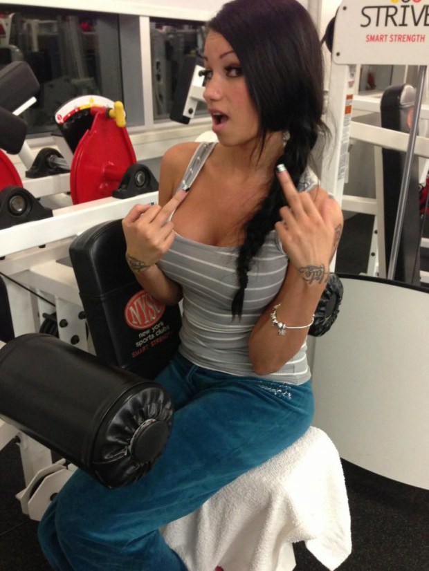 Raven Bay gives the finger at the gym