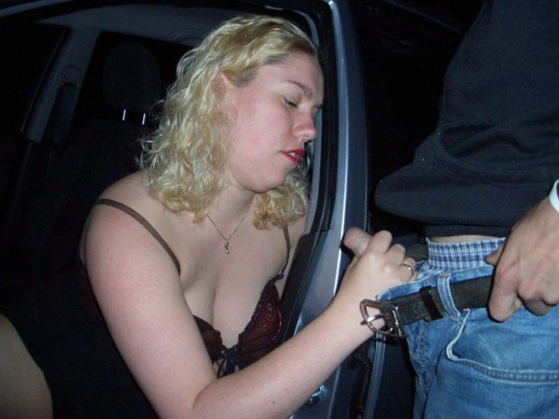 Blonde escort jerks off client in the car