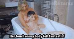 Busty blonde sucks and tugs in the bathtub