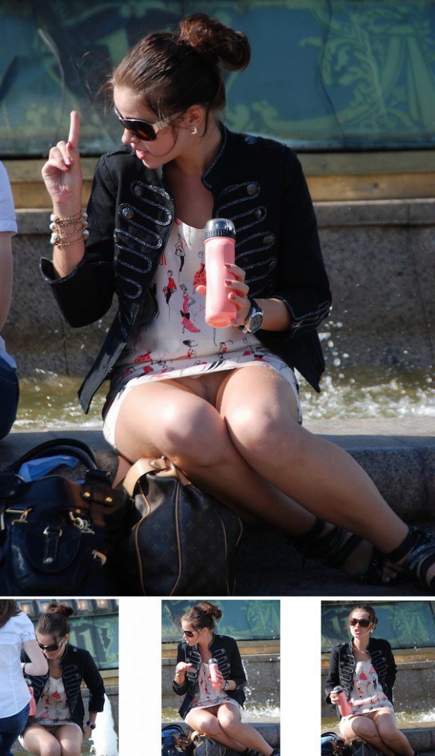Amateur babe with glasses reveals upskirt in public